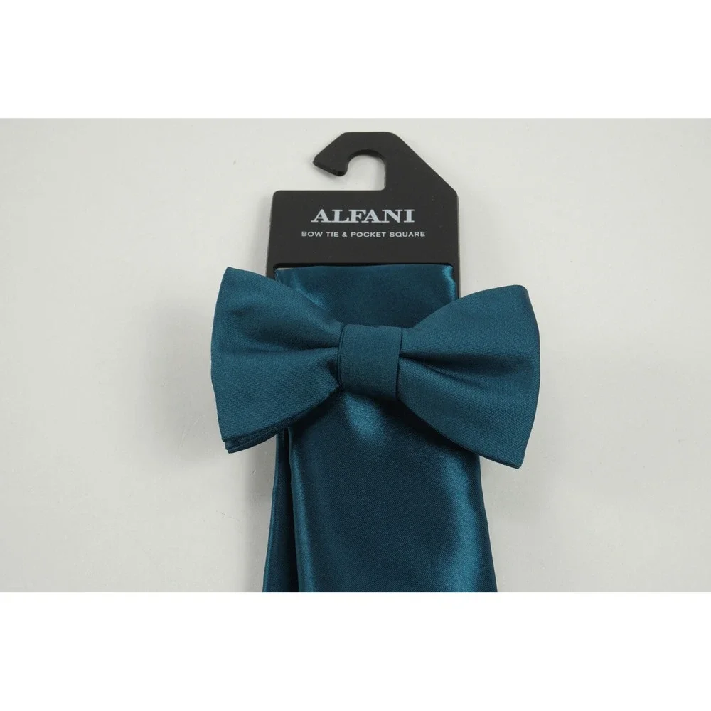 New 55$ Alfani Bow Tie‎ & Pocket Square Set Mens Blue Woven Sharkskin One Size